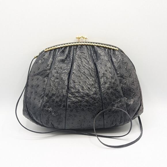 Judith Leiber Navy Ostrich Shoulder Bag Kisslock Clutch - Picture 2 of 9